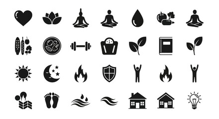 Obraz premium Collection of thirty glyph icons representing a balanced lifestyle, including symbols for yoga, healthy food, mental well-being, and fitness