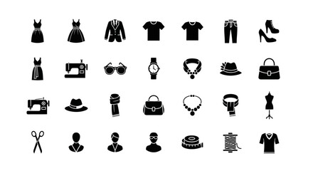 Comprehensive solid icon set representing fashion, apparel, sewing tools, and clothing accessories for design projects