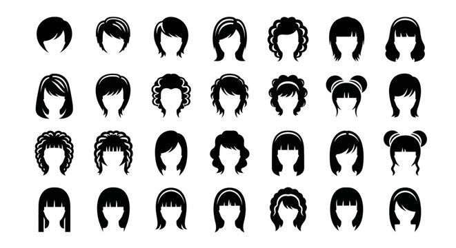 A diverse collection of black vector icons showcasing various female hairstyles, haircuts, and creative wig designs for beauty concepts