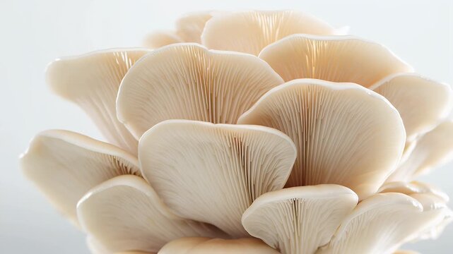 Cluster of delicate white oyster mushrooms with smooth curved caps and visible gill patterns