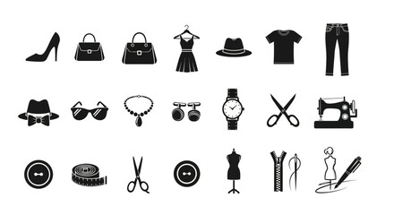 Fashion and tailoring craftsmanship icon set featuring clothing, accessories, and sewing tools for design concepts
