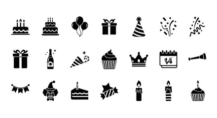 Naklejka premium Birthday party solid glyph icons set for holiday celebration. Vector symbols collection including cake, gift, balloons, and confetti