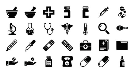 Fototapeta premium Comprehensive set of black medical and pharmacy icons. Vector glyphs for hospital, clinic, and science themes isolated on white