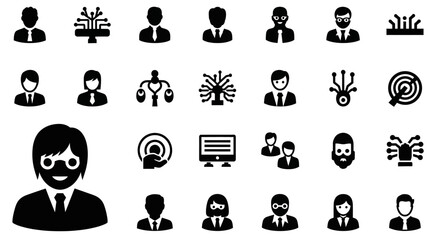 Set of black and white business icons featuring people avatars, team management symbols, and corporate technology glyphs for web design