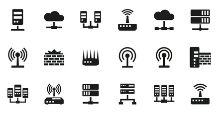 A comprehensive set of solid glyph icons representing internet technology, data servers, networking hardware, and cloud communication concepts