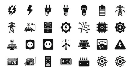 A diverse collection of black glyph icons representing electricity, renewable energy sources, and modern technology concepts