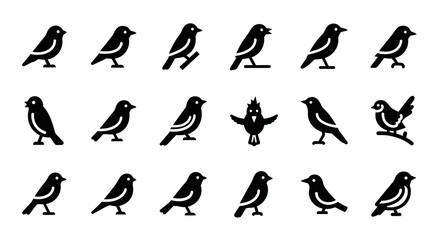A collection of simple black bird icons in various poses. This vector graphic set features minimalist animal silhouettes, including finch and sparrow symbols for design projects
