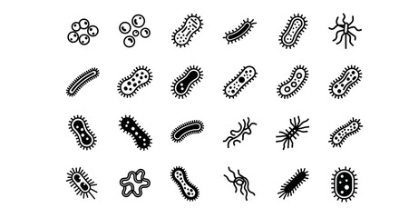 A diverse collection of microorganism linear icons, featuring various bacteria, germs, and pathogens for science and medical design projects