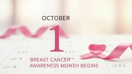 October breast cancer awareness month begins with pink ribbon on calendar showing the first day