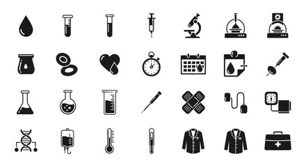 A modern set of black glyph icons representing medical diagnostics, scientific laboratory equipment, and healthcare symbols