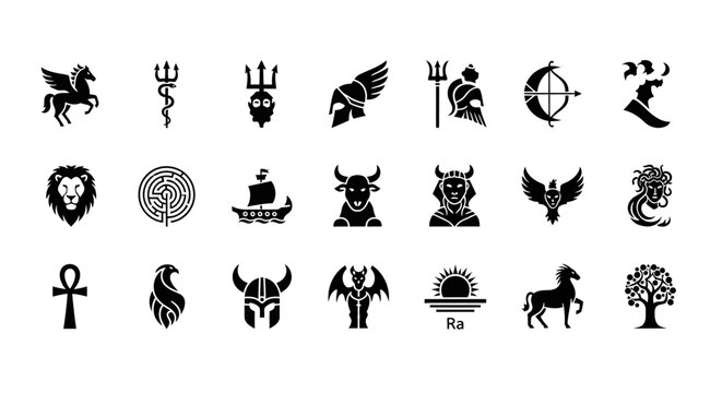 A diverse set of clean silhouette icons representing ancient mythology, including Greek gods, legendary creatures, and cultural symbols