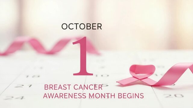 October breast cancer awareness month begins with pink ribbon on calendar showing the first day