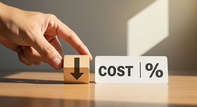 Strategic cost reduction and financial optimization A hand places a wooden block with a down arrow next to a 'COST | %' sign, symbolizing efficient expense management