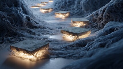 Chaotic tangled path representing a customer's problem with a series of perfectly placed glowing stepping stones appearing to create a simple clear way forward