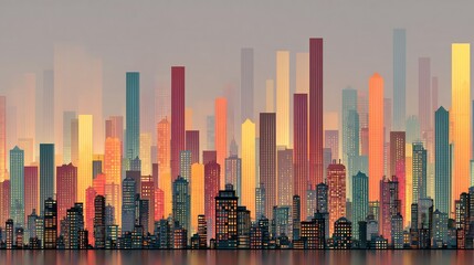 Cityscape made of bar graphs where the buildings are continuously and smoothly growing taller representing constant and sustained market growth