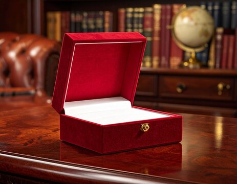 Elegant Red Velvet Jewelry Box Opened on Polished Wood Desk with Bookshelf Background
