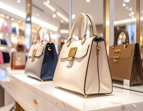 Elegantly displayed designer handbags on a marble surface, retail setting