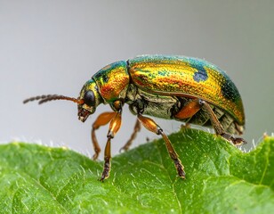 A vibrant, close-up of a jewel-toned beetle on a green leaf