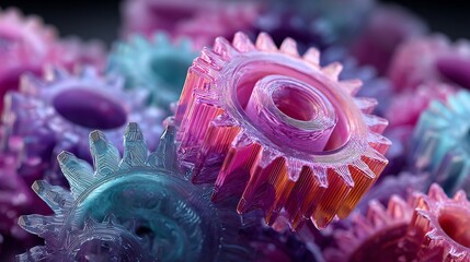 Complex machine of interlocking gears made of pure translucent energy in cyan and magenta working in perfect harmony symbolizing seamless teamwork and operational efficiency 3D render