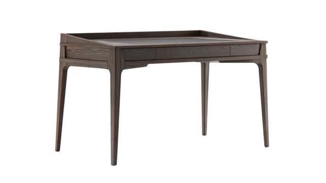 Simple dark wood desk with a light gray top and slight overhang.