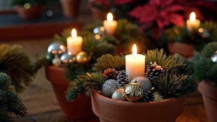 Cozy Christmas Pot Arrangement with Candles, Pine Branches, and Shiny Ornaments - Powered by Adobe