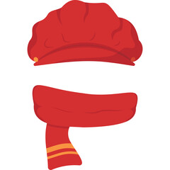 Red Beret Hat and Scarf Winter Accessory Set Flat Design Illustration Isolated on Transparent Background