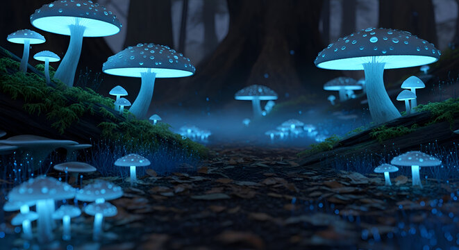 Enchanting bioluminescent mushrooms glowing in a mystical forest at night, perfect for fantasy stories, nature documentaries, or magical themed designs - Powered by Adobe