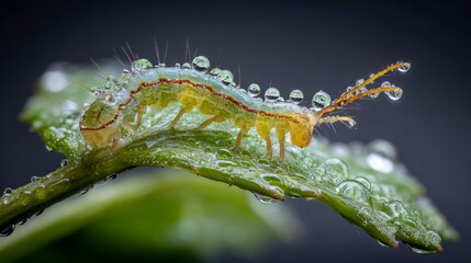 Caterpillar covered in dewdrops on leaf