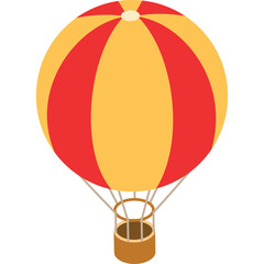 Fototapeta premium Red And Yellow Hot Air Balloon With Brown Basket Floating In The Sky