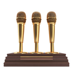Three golden microphones atop a wooden plaque, on black