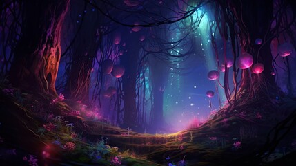 Obraz premium Enchanted Bioluminescent Forest with Mystical Glowing Mushrooms and Ethereal Light Rays