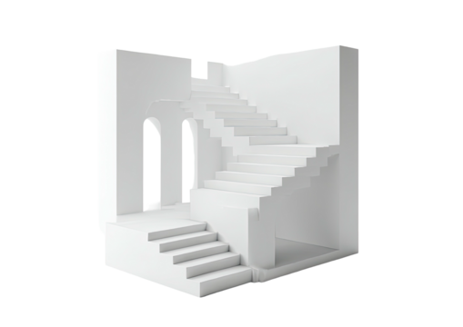Complex white geometric staircase on black backdrop