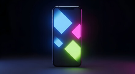 Sleek smartphone displaying vibrant neon geometric shapes for modern technology promotions and mobile app designs with eye-catching colorful style