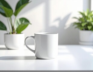 Clean White Mug on a White Table with Green Plants and Natural Light