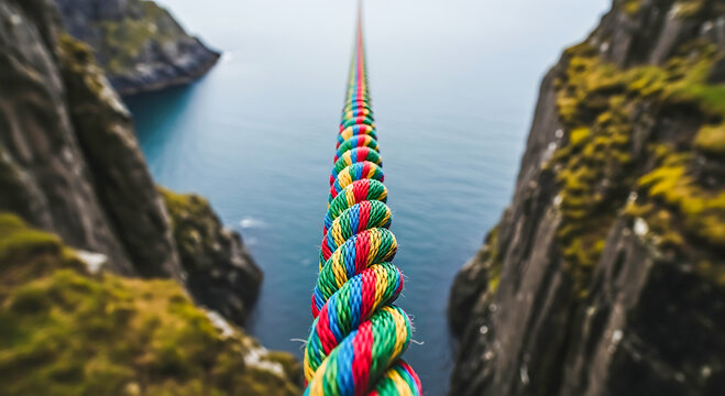 Colorful slackline stretched between mossy cliffs over blue ocean