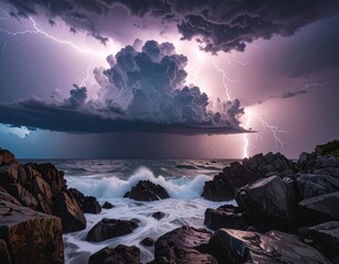 Coastal view of a dramatic lightning storm with illuminated clouds