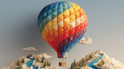 Hot air balloon made of colorful translucent geometric panels rising steadily over a stylized miniature landscape symbolizing business elevation and market overview