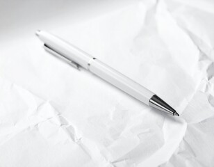 Elegant White Ballpoint Pen Resting on Textured Crumpled Paper Professional Writing Instrument for Business and Creative Projects