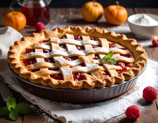 Close-up of baked berry pie with lattice crust, fresh fruit accents