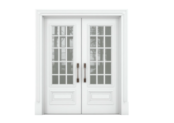 Elegant white double doors with glass panes & trim