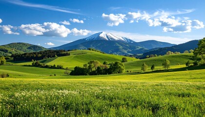Lush green fields  mountain under blue sky with scenic landscape in springtime.