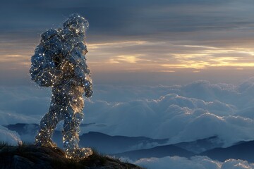 Lone mountaineer's silhouette made entirely of constellations standing on a summit overlooking a sea of clouds representing achieving visionary goals Abstract celestial