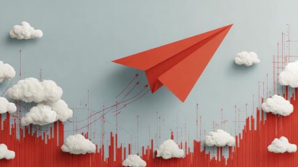 Paper airplane rising through clouds and data charts - Powered by Adobe