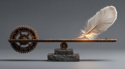 Minimalist seesaw in perfect balance with a complex heavy looking gear on one end and a single light glowing feather on the other Concept of efficiency and leverage
