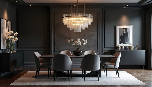 Modern luxurious dining room interior features dark grey walls with elegant paneling. Stunning tiered crystal chandelier hangs above sleek dark dining table with comfortable chairs. White flowers,