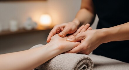 Hands receiving a soothing massage in a tranquil spa setting