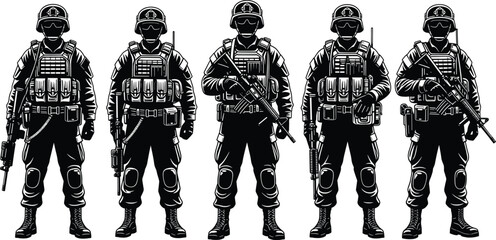 Tactical soldier silhouette vector, armed military unit, black and white illustration, combat gear, weapon pose, modern warfare clipart, defense graphic art