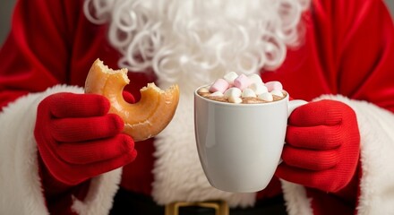 Santa Claus holding a bitten donut and hot chocolate with marshmallows.