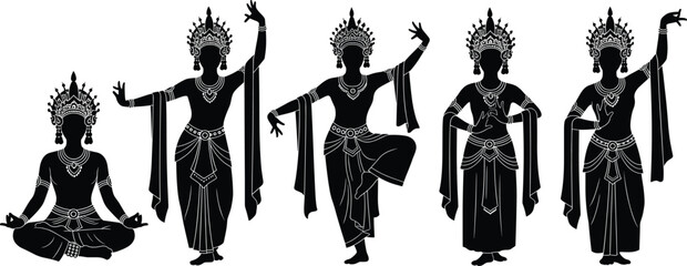 Traditional dancer silhouette vector, cultural pose illustration, Southeast Asian attire, black graphic design, elegant movement, ceremonial costume, heritage dance artwork