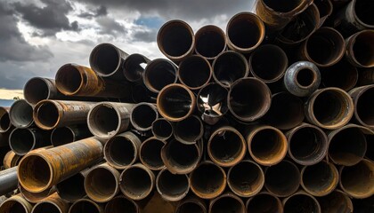 Abstract industrial background showing a stack of rusted steel pipes for construction and manufacturing